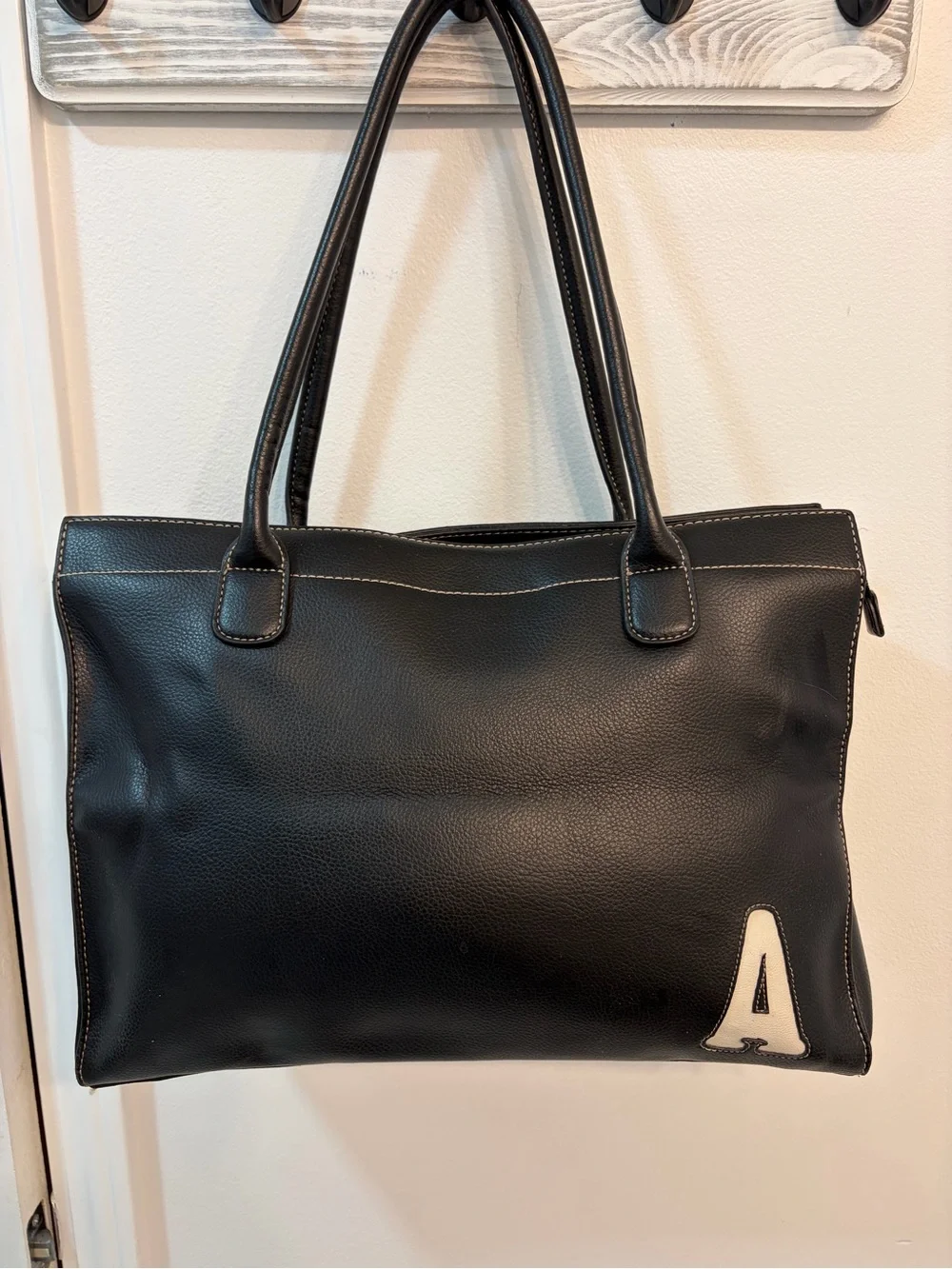 NWOT Liz Claiborne Black Leather Tote with White 'A' Accent